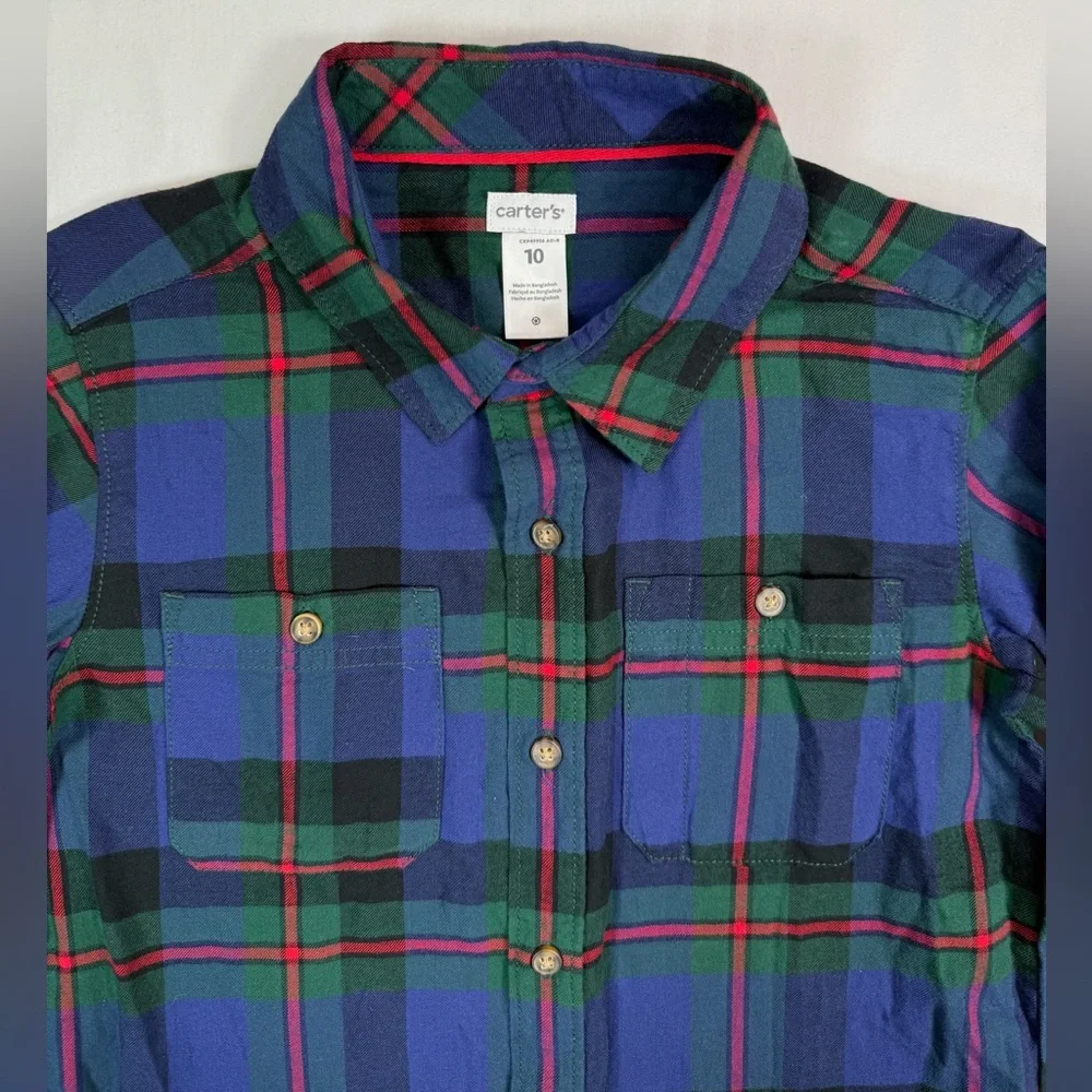 NWT CARTER'S Boys' Blue‎ & Green Tartan Plaid Long Sleeve Casual Button Down 10